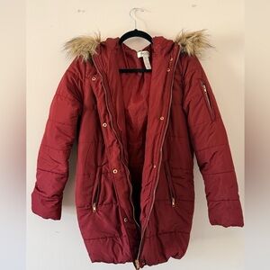 Charlotte Russe Red Puffer Jacket with Faux Fur Hood
